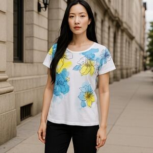 Tag Sleeveless White w/ Turquoise & Yellow Black Floral Top